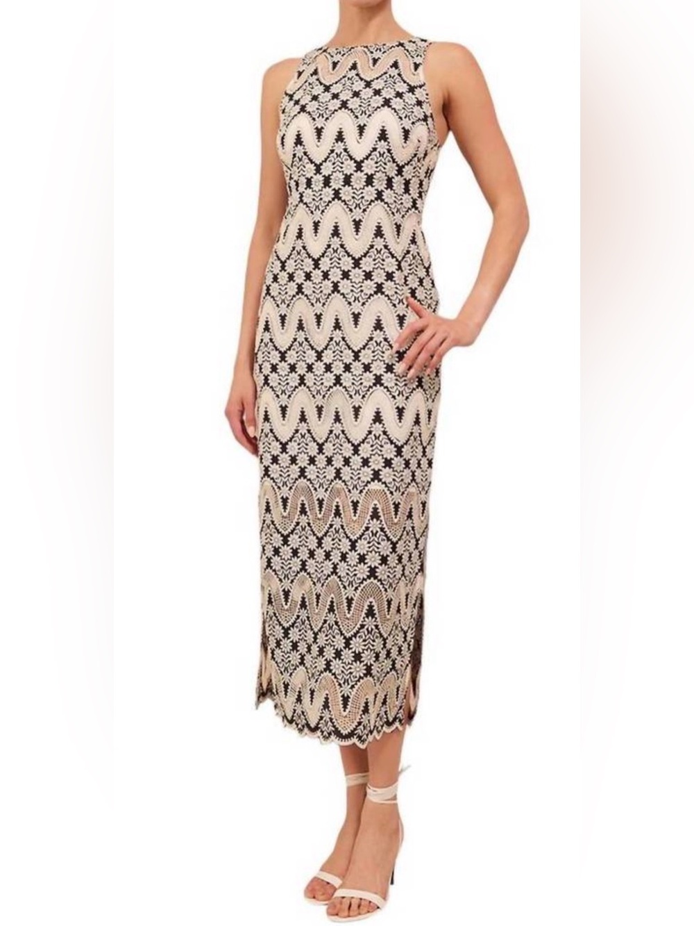 Cara Cara Hugo Midi Dress Black White Scallop Floral Eyelet Lace Cotton Sz M